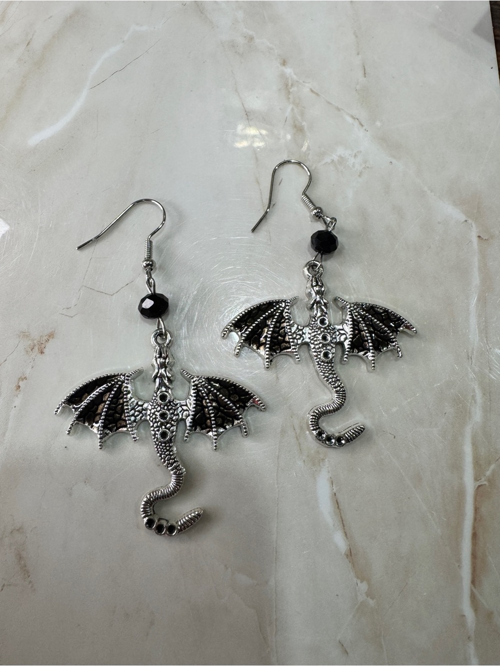 Silver Dragon Dangle Earrings with Black Bead - Unbranded